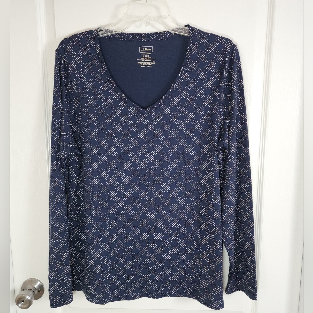 L.L. Bean Navy Patterned Long Sleeve Top V Neck Blue
